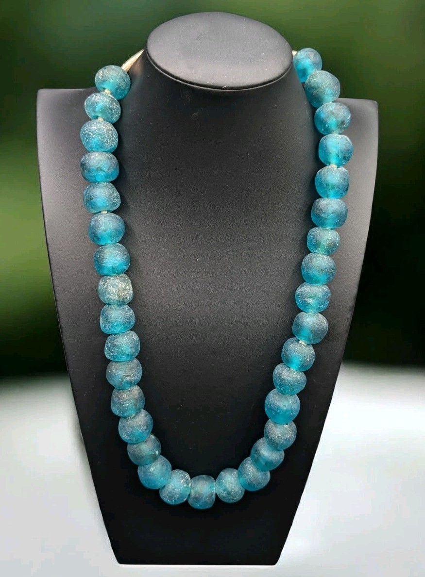 Large Blue Recycled Glass Beads Ghana Africa Chunky Statement 26" Necklace 