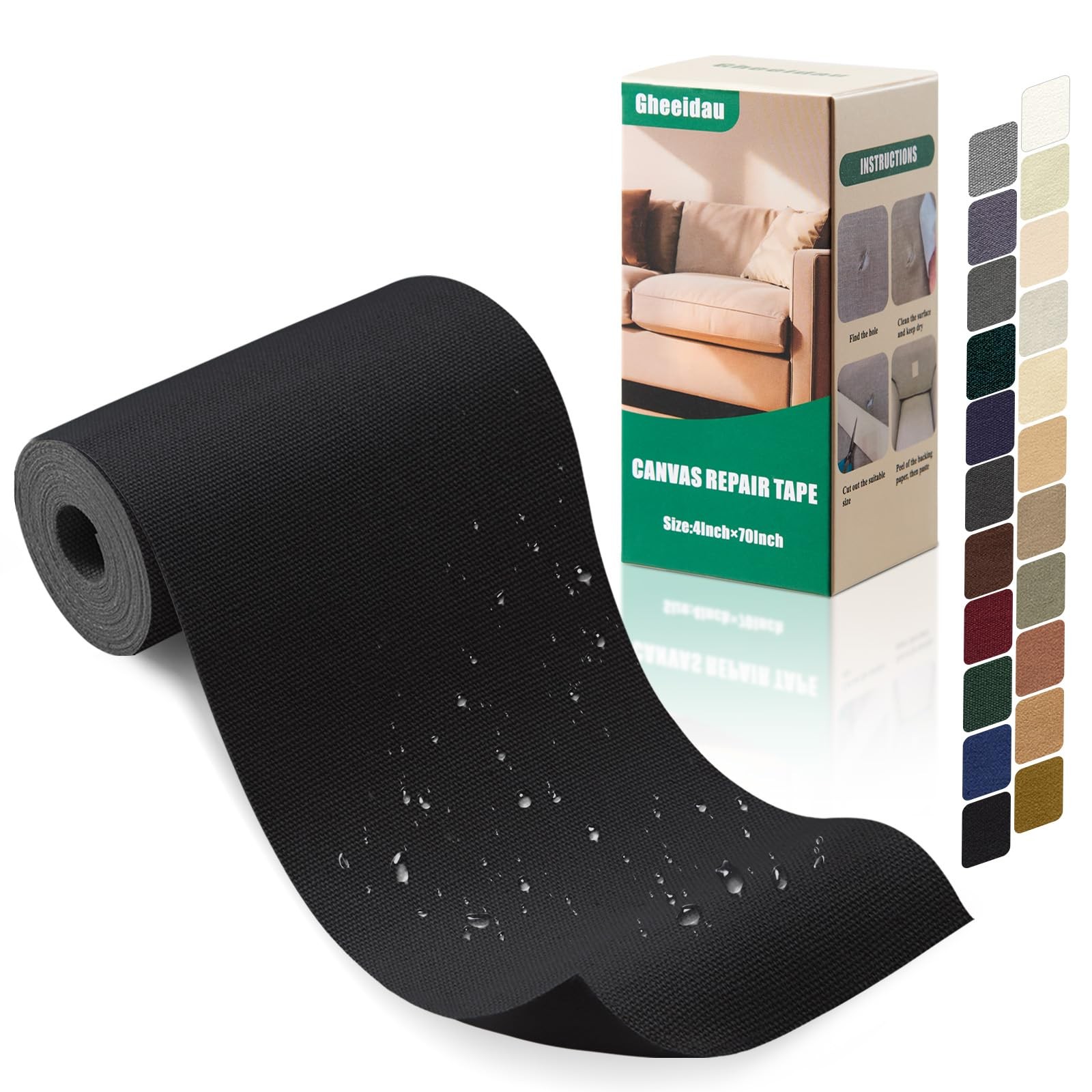 Gheeidau Canvas Repair Tape 4×70 Inch Waterproof Self-Adhesive 4"×70", Black 