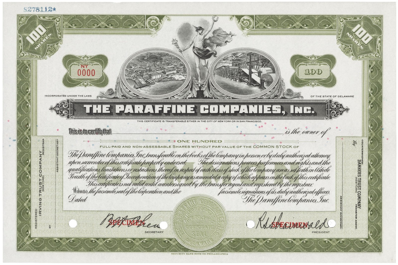 The Paraffine Companies, Inc. Stock Certificate.