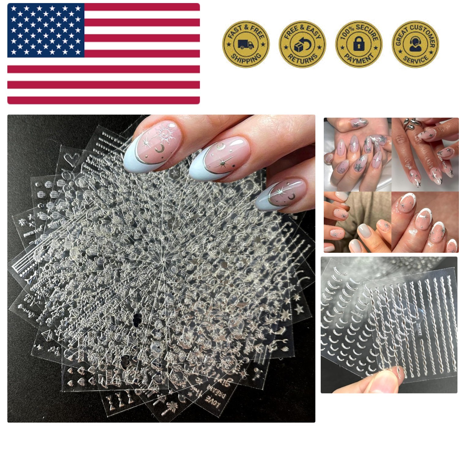 30 Sheets Silver Nail Art Stickers 3D Self-Adhesive Line Nail Decals Silver S...