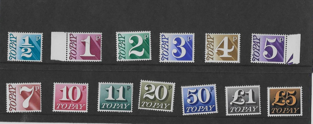 QUANTITY 13 DIFFERENT  "TO PAY" GB MNH STAMPS 1970-5 TO PAY 1/2P - £5 FREEPOST