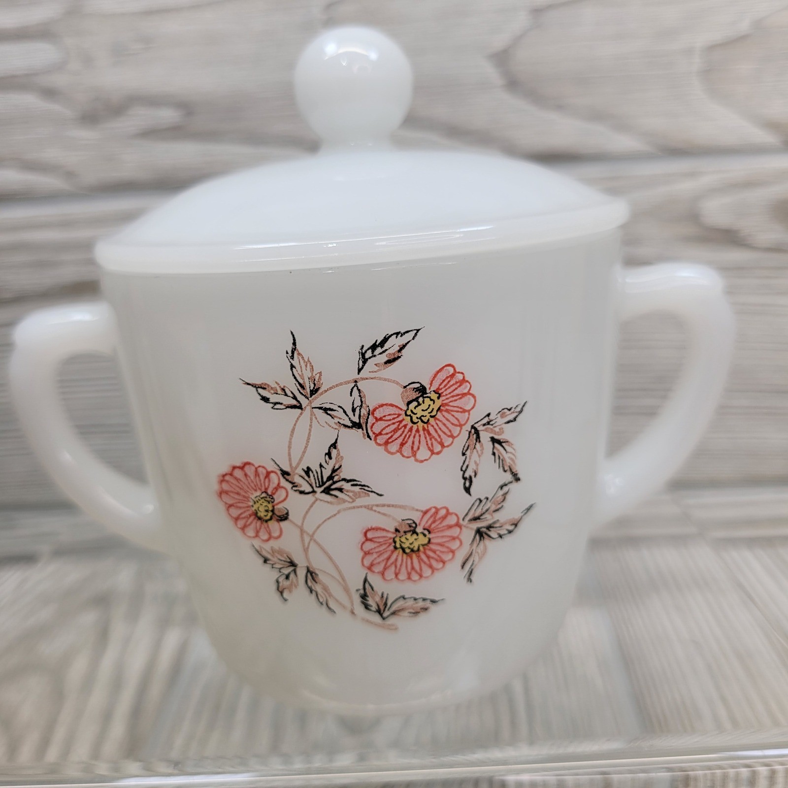 Fire King Fleurette Primrose Milk Glass Covered Sugar Bowl Pink Floral MCM Vtg