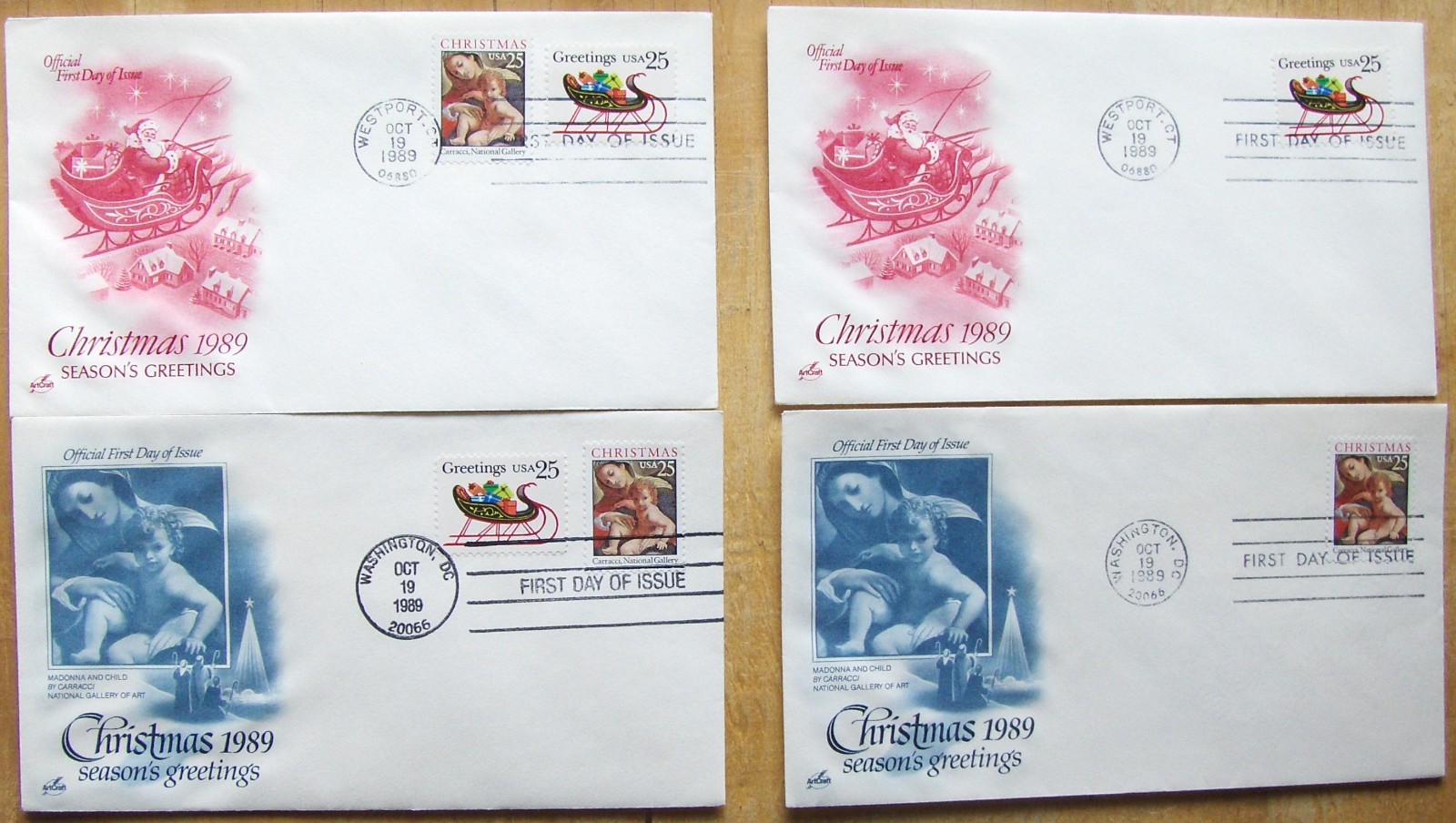 US 4 FDC 25¢ stamp SC #2427-2428 CHRISTMAS OF 1989 ArtCraft.
