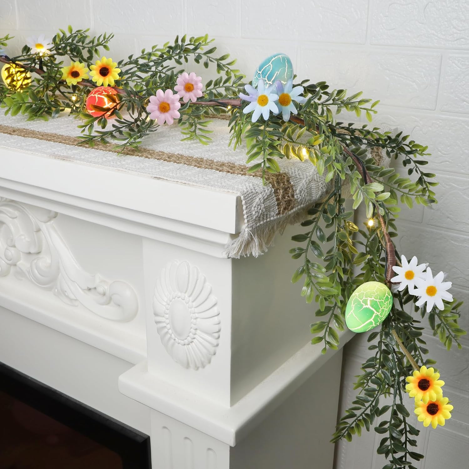 Easter Garland Decor, 6.5 FT LED Lighted Garland with Easter Eggs & Flowers, Spr