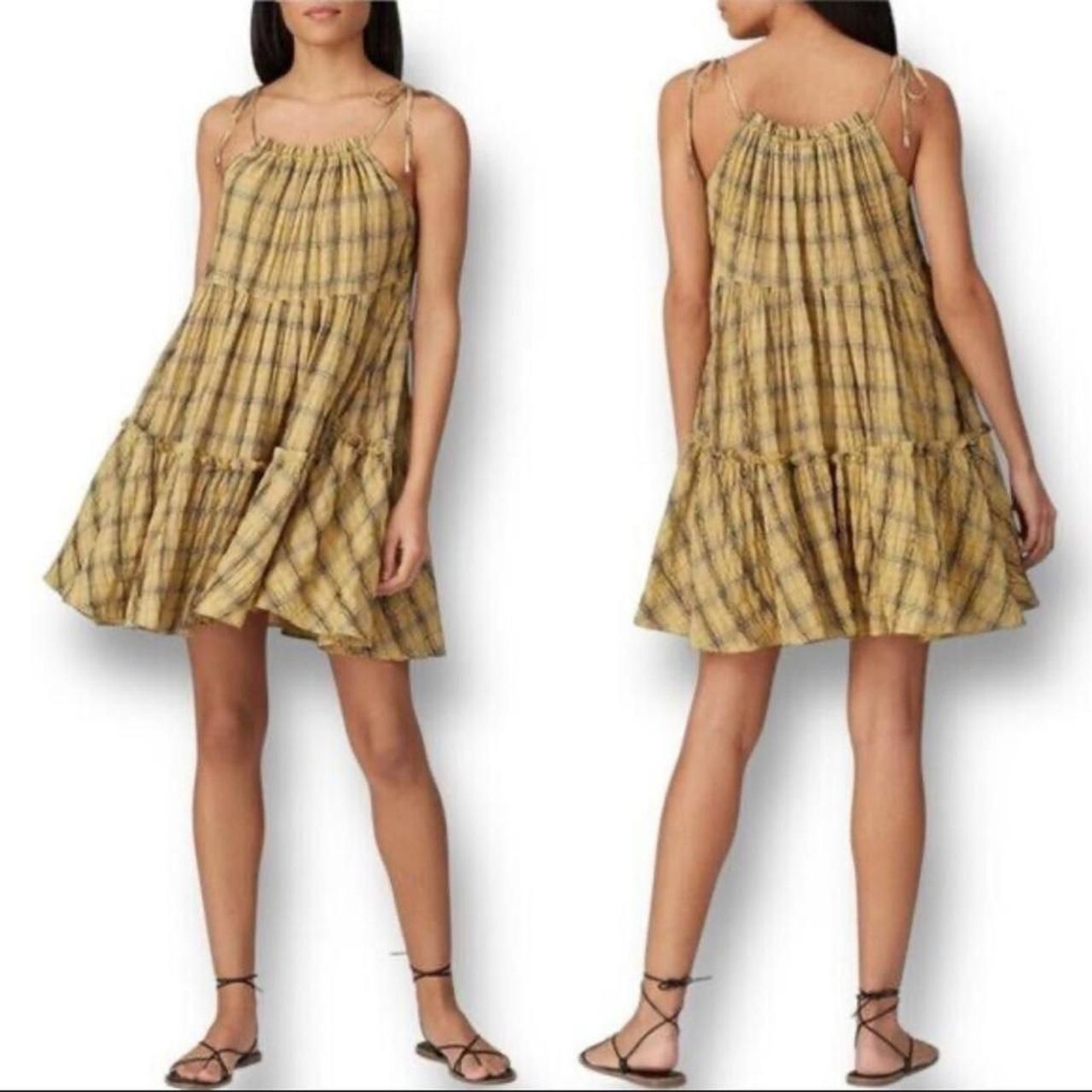 Moon River Mustard Plaid Tiered Mini Dress 90s Grunge Cottagecore Size L Yellow