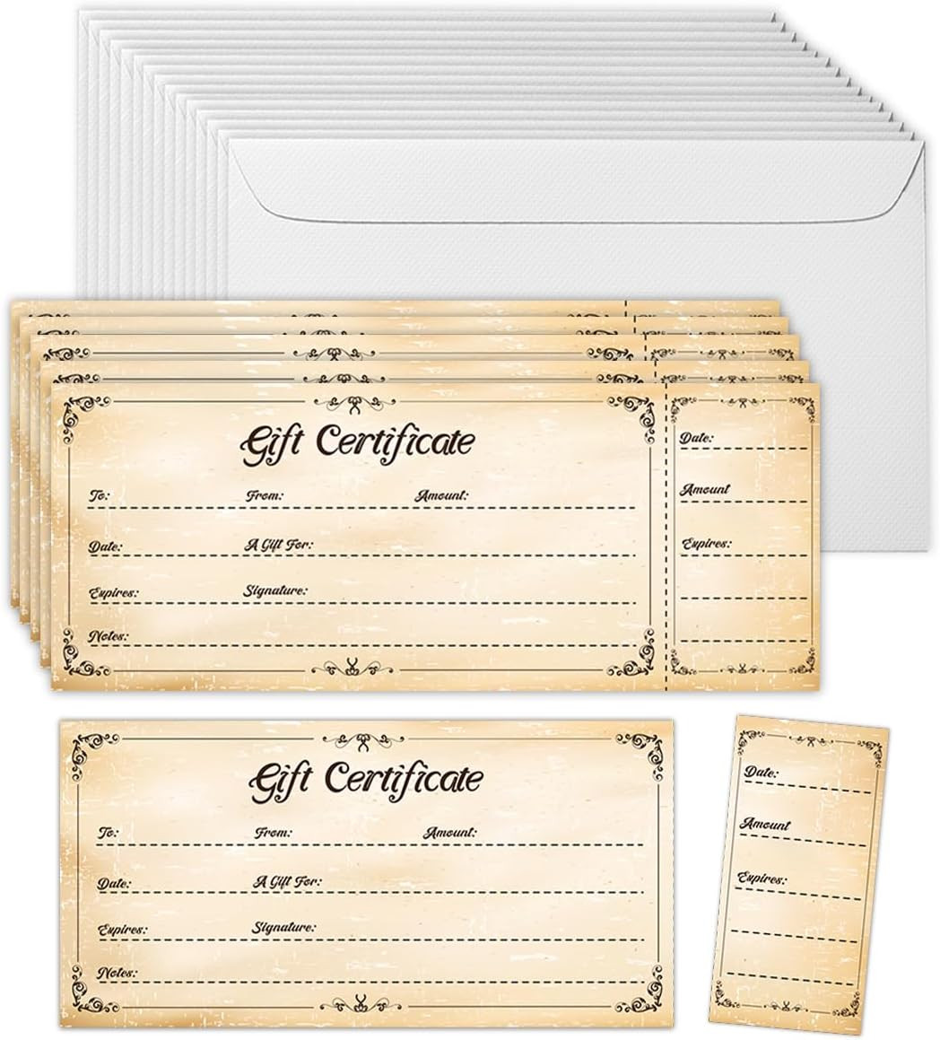 50 Sets Gift Certificates for Business, Blank Gift Cards Certificates with Envel