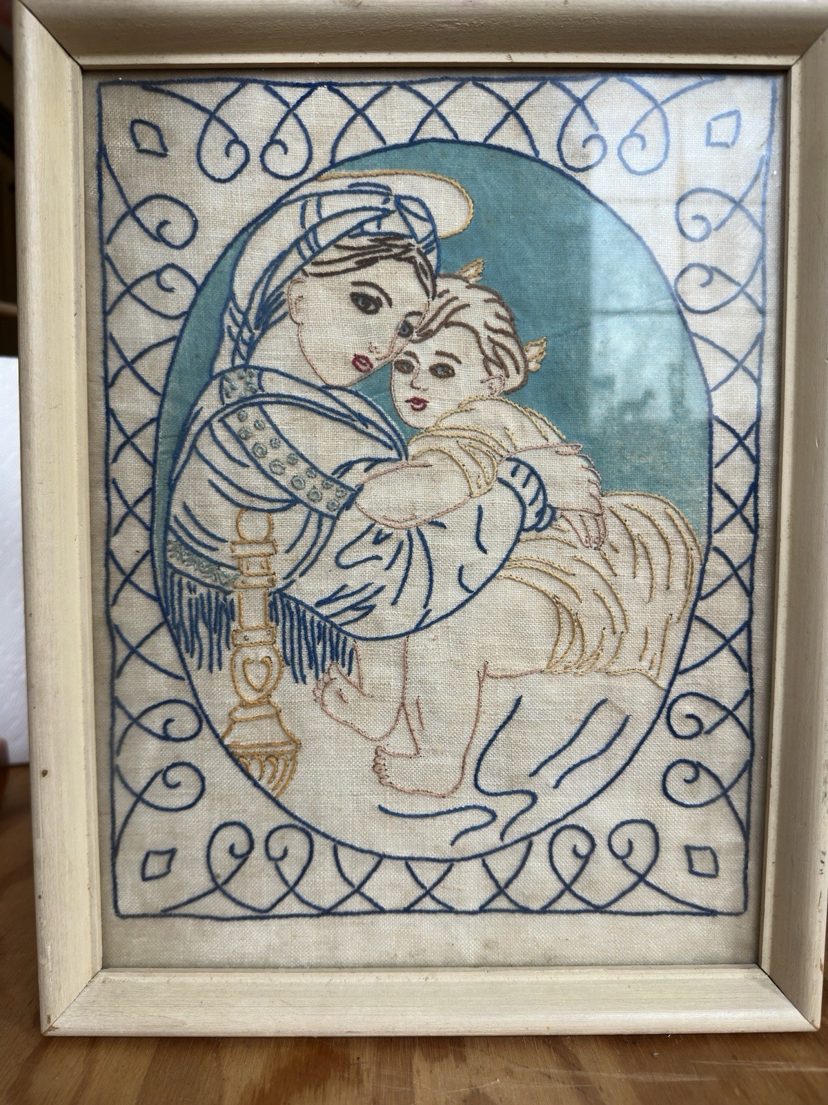 Madonna & Child Textile Embroidery Needlework Wall Hanging Framed Blue Vintage