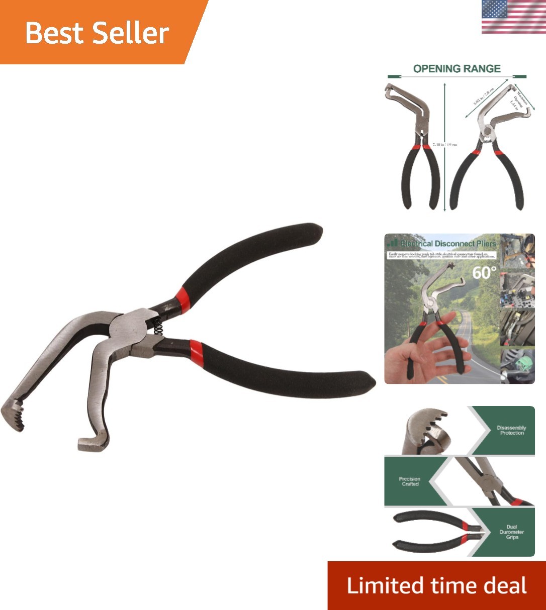 60° Bent Nose Electrical Disconnect Pliers with Ergonomic Grip for Auto Repair