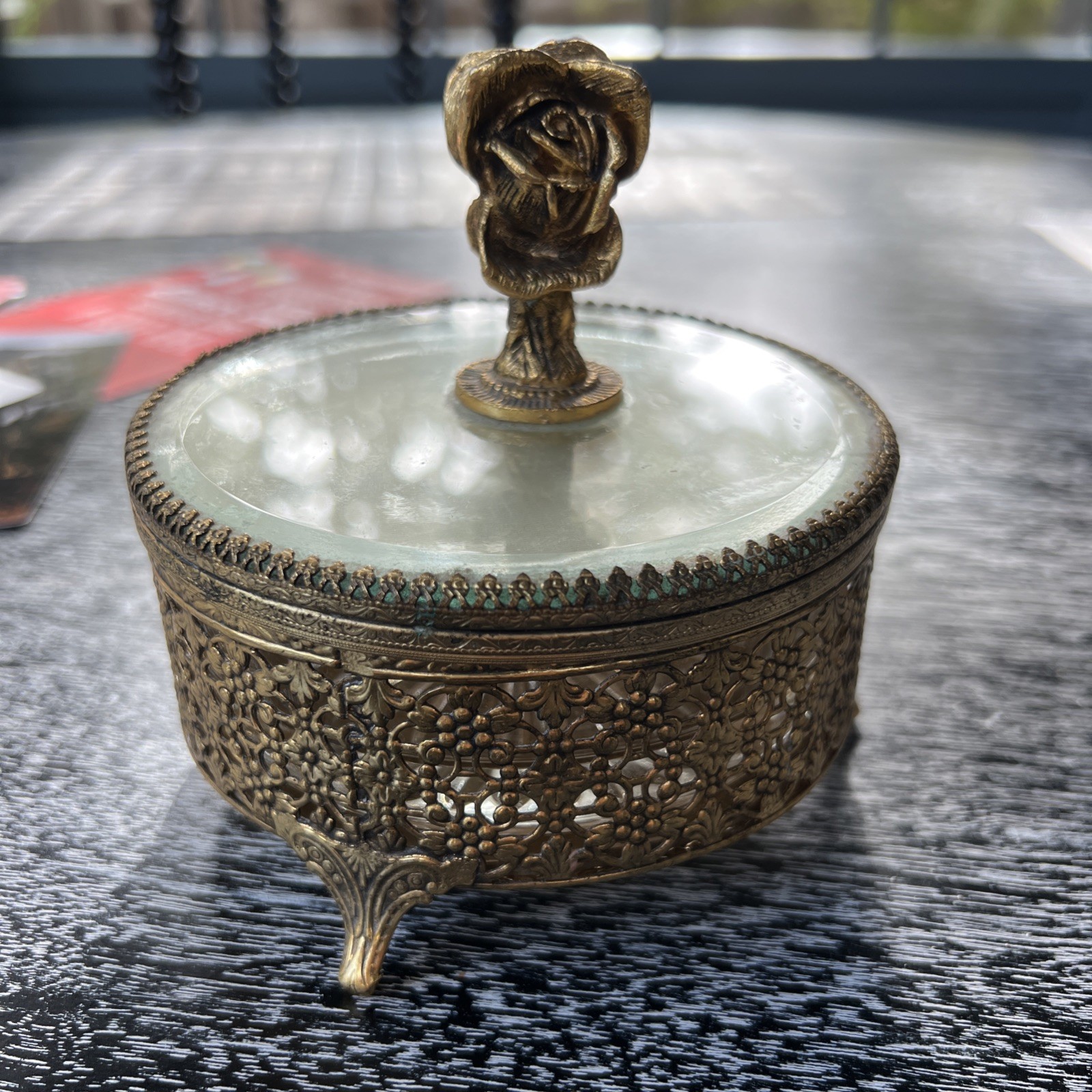 Vintage gold gilt filigree ormolu jewelry casket round powder case box