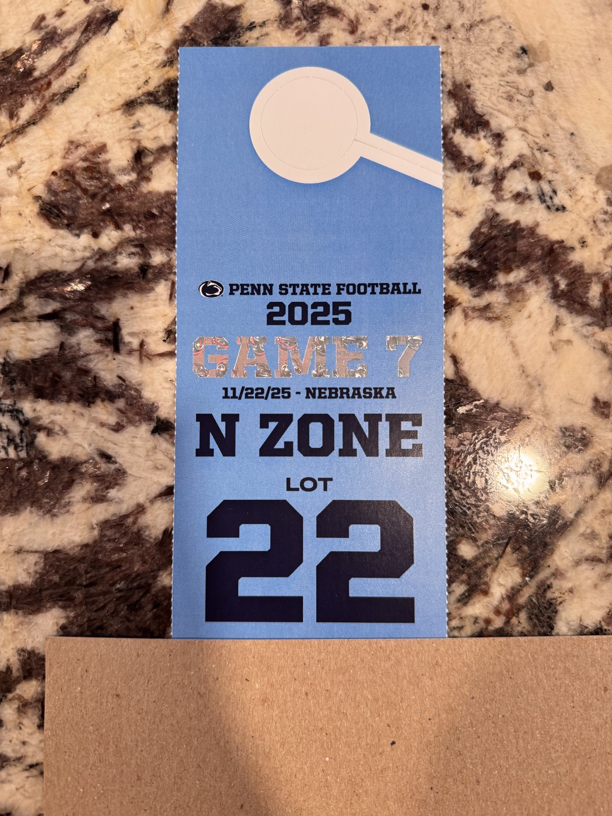 PSU vs Nebraska football parking pass LOT 22 - 11/22/2025