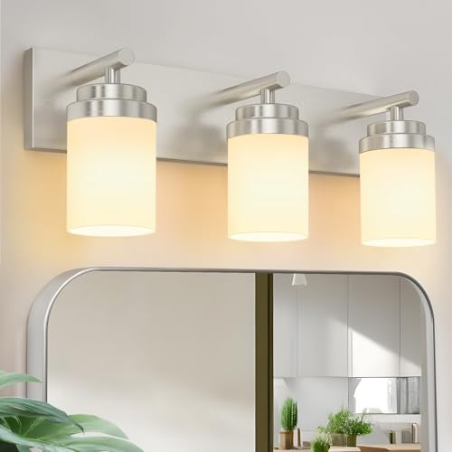  Bathroom Vanity Light Fixture 22 Inch Brushed 3-Light Nickel-White Glass Shade