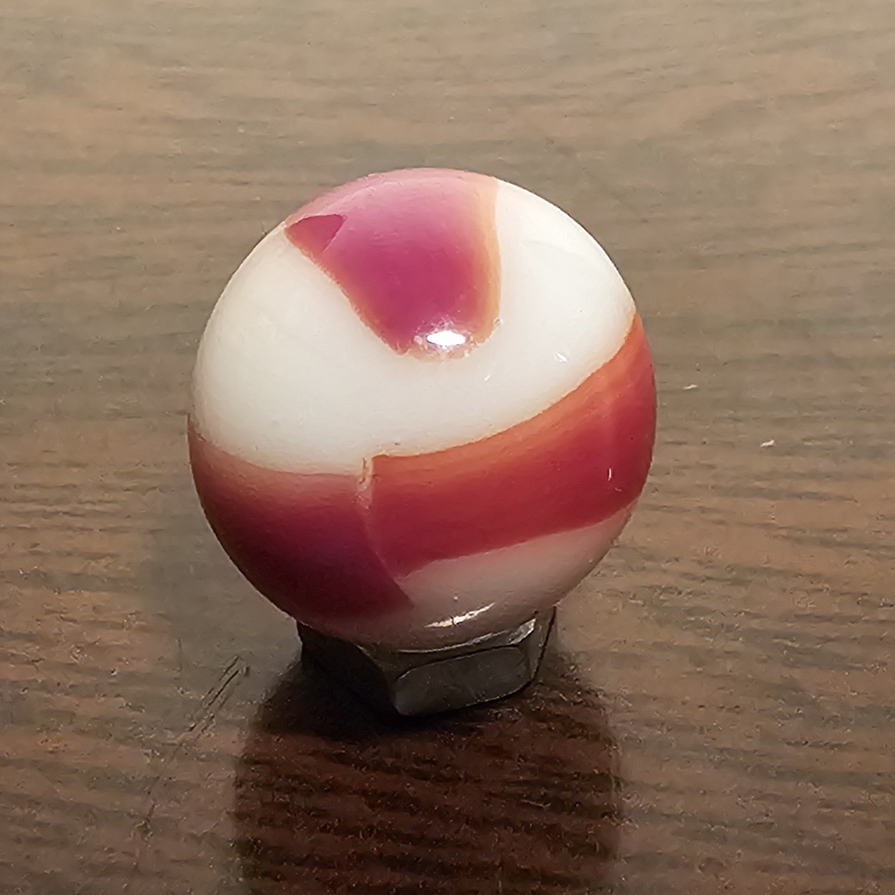 Vintage Peltier Oxblood Rainbo on White Agate  .625 Glass Marble