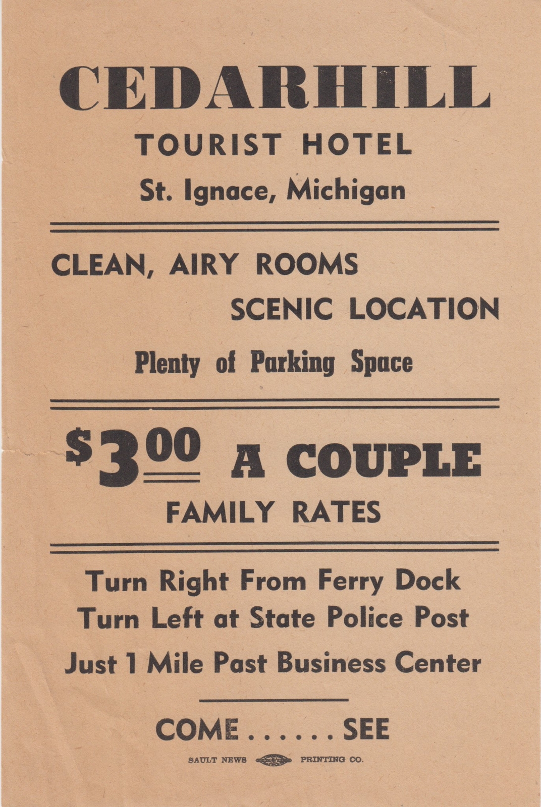 Vintage Tourist Brochure  CEDARHILL TOURIST HOTEL- St. Ignace, Michigan 1960's 