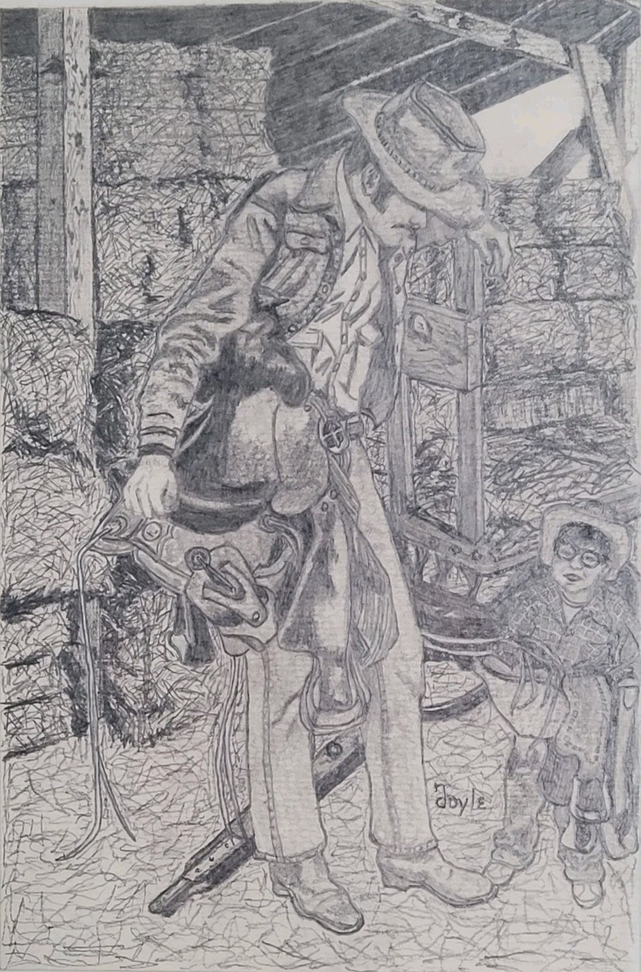 Vintage Signed Doyle Cowboy Pencil Drawing Western Americana Art Framed OOAK