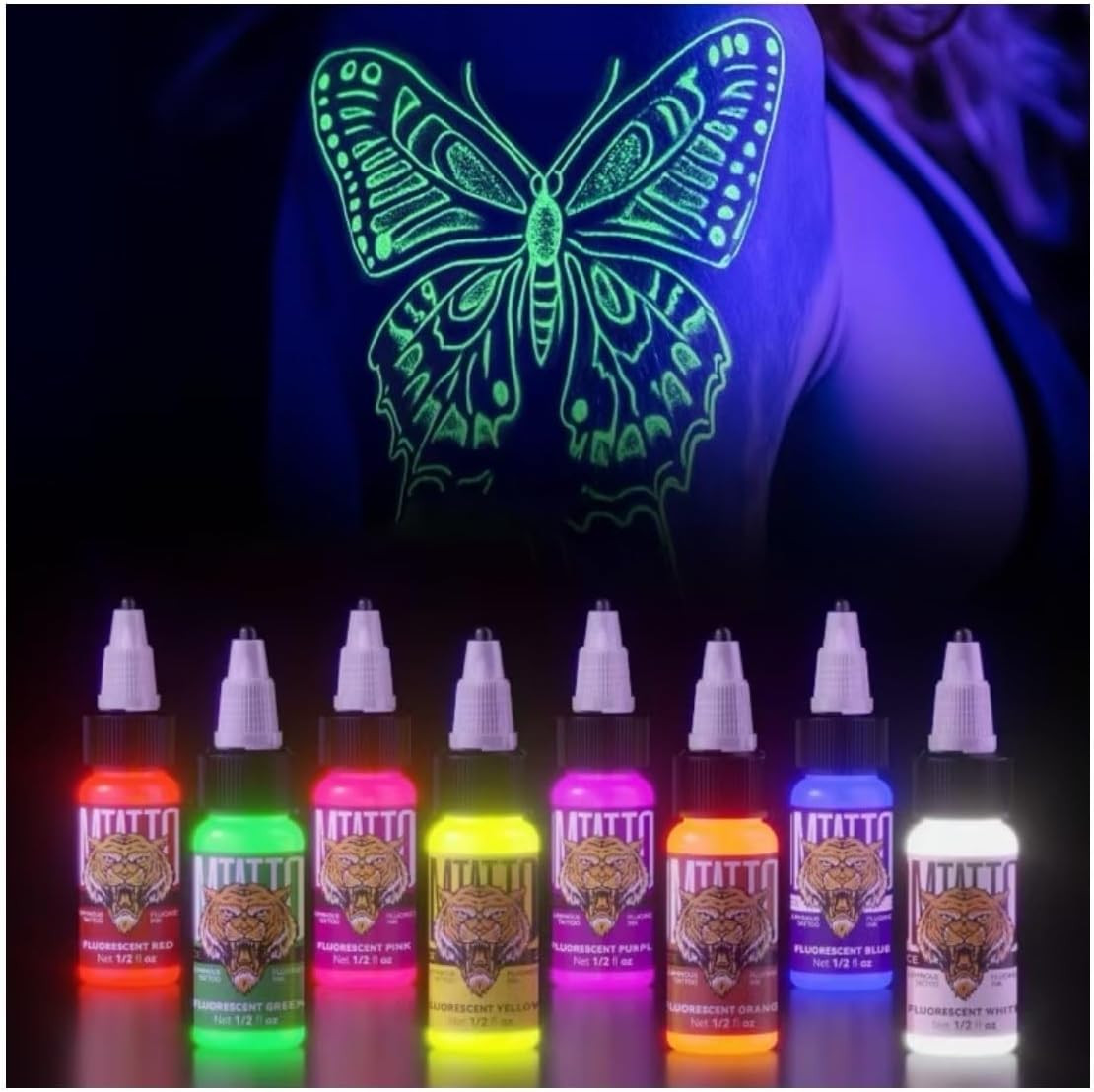 Fluorescent Tattoo Ink Set - Tattoo Inks Pigment Kit, 8 Color 1/2oz 15ml/Bottles