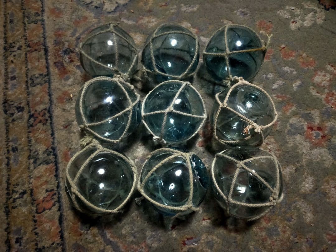Glass Fishing Float Buoy Ball Vintage Japanese dia. 8cm set of 9 Net Japan #9