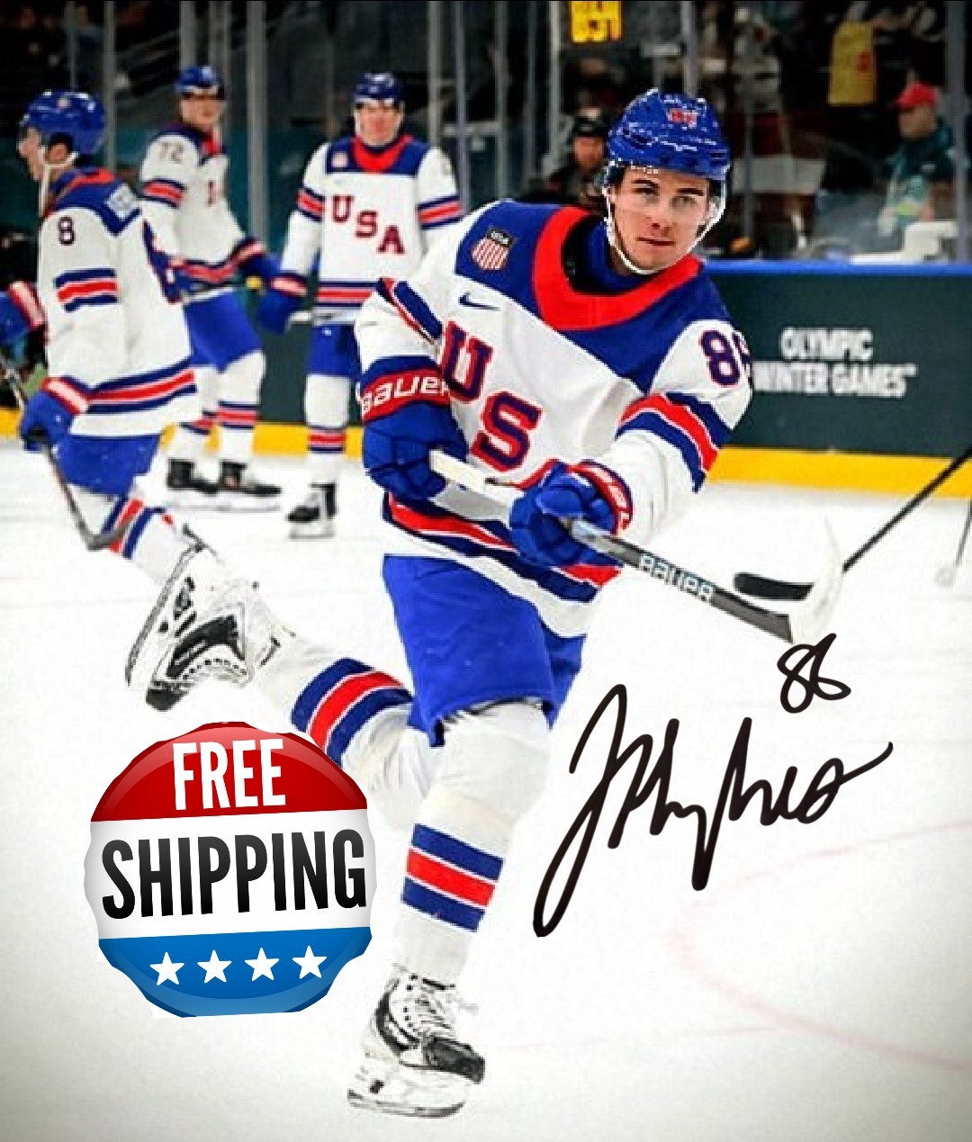 Framed Team USA Hockey Jack Hughes  8x10 Photo Autograph REPRINT Free Shipping 