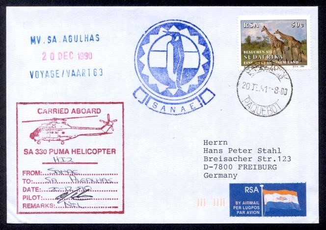 SOUTH AFRICA 1991 S A ANTARCTIC PENGUIN HELICOPTER CACHET