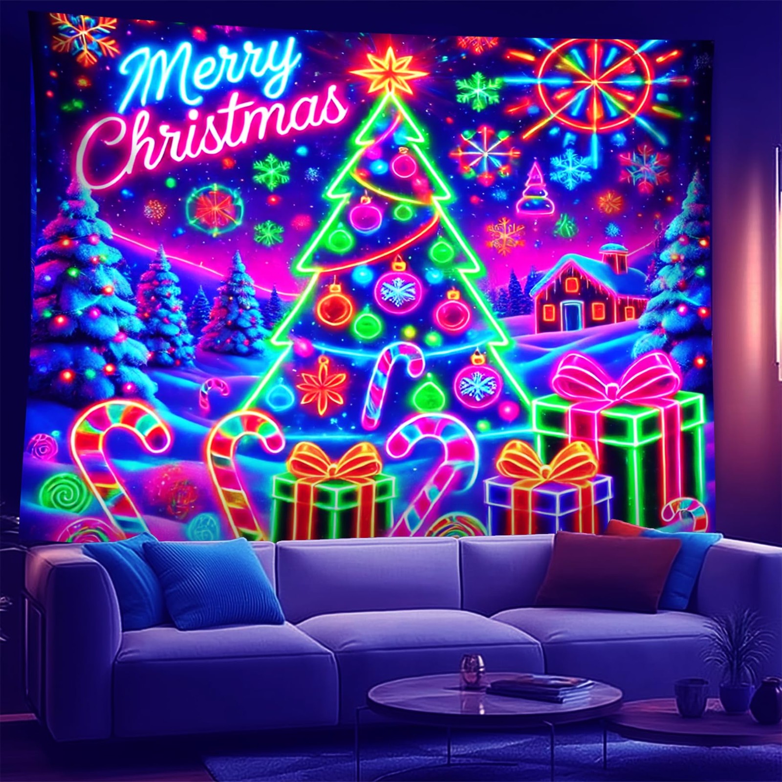 NYZE Christmas Tapestry Santa Claus Black Light 59"L x 51"W, tree 