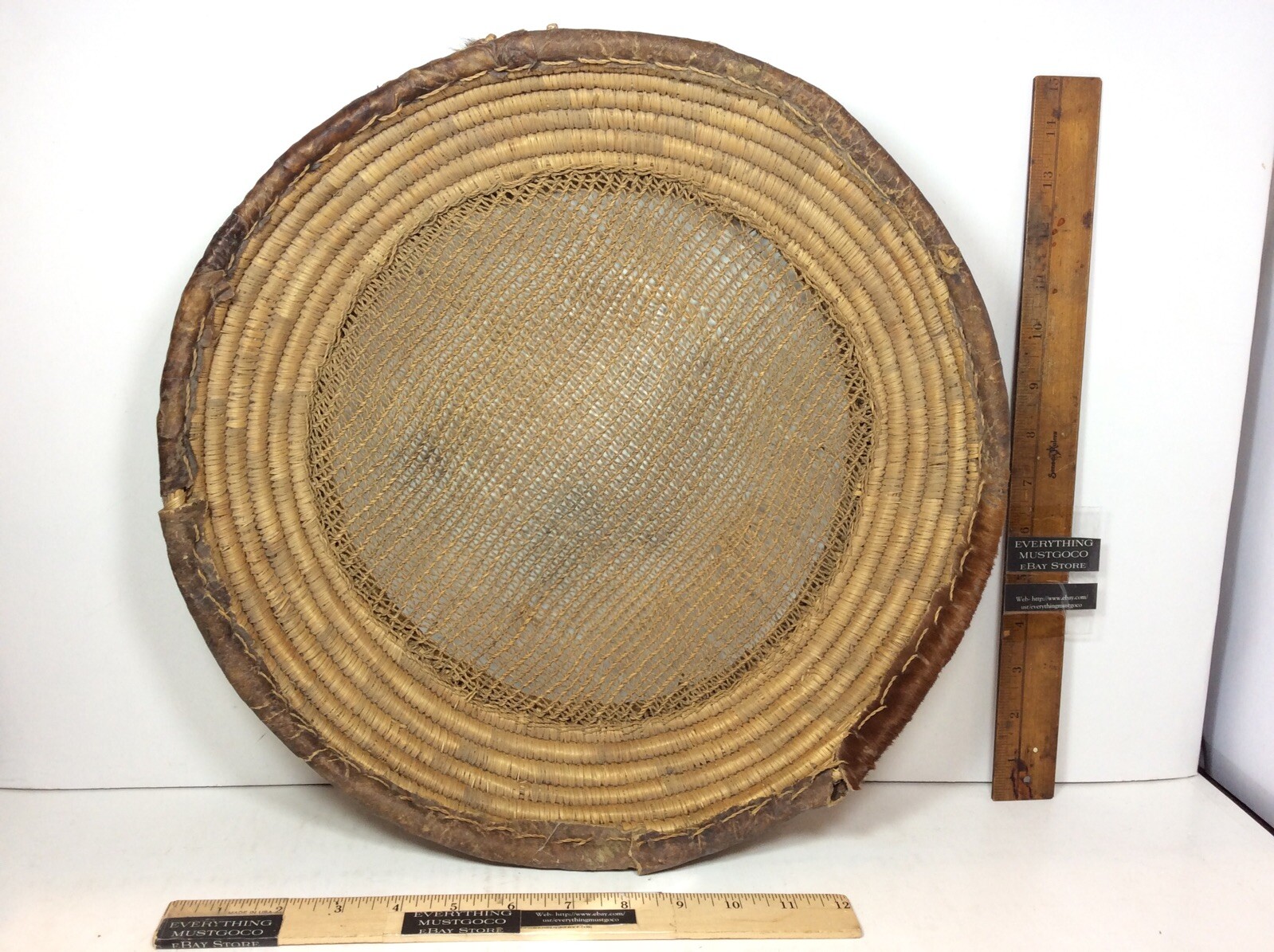 15.5" Antique LARGE Native Tribe  TRIBE OPEN MESH Sieve WOVEN BASKET LEATHER RIM
