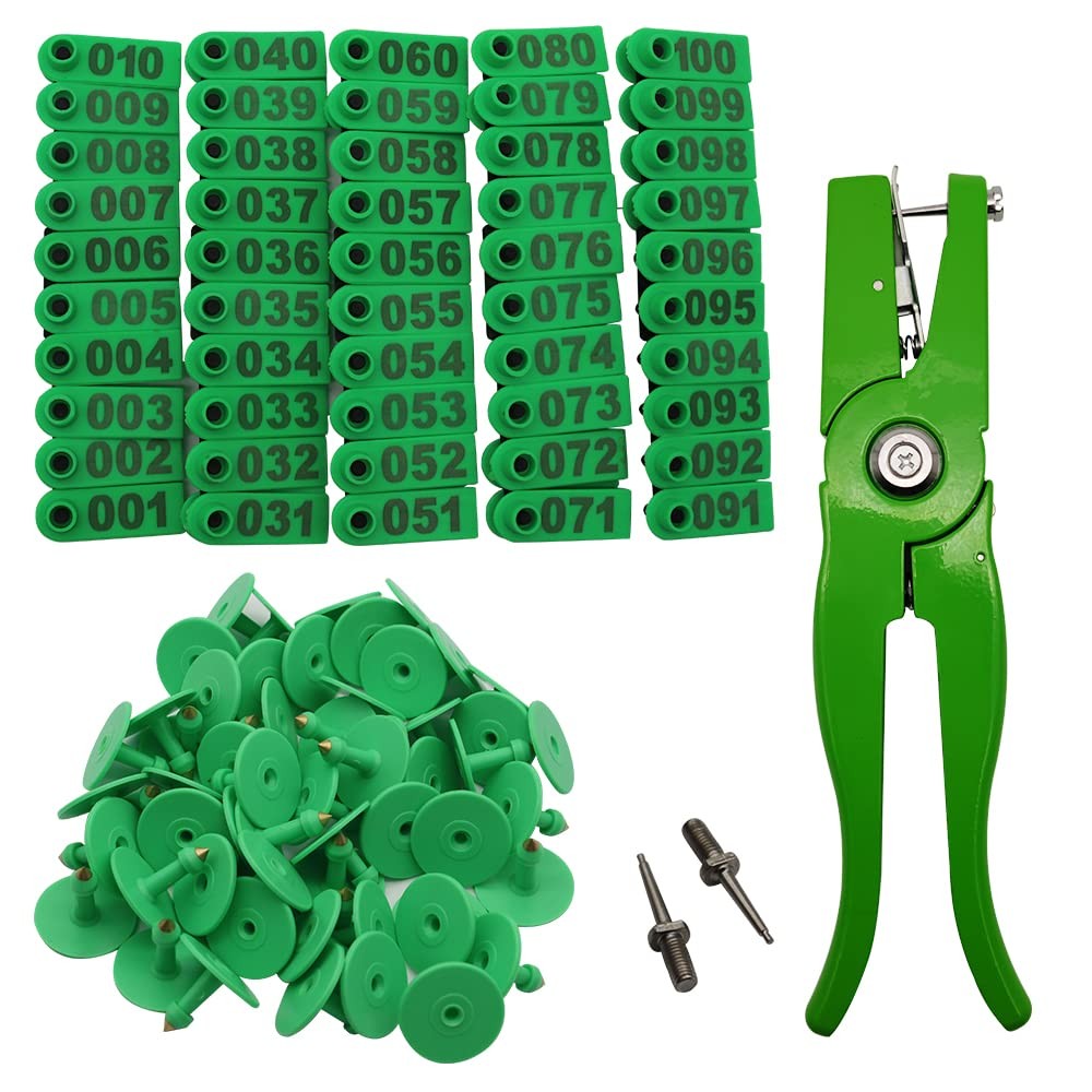 Sheep Ear Tag 001-100 Number Plastic Livestock Tags Goat with 001-100, Green 