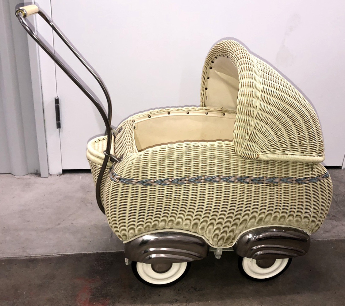 RARE Vintage Wicker Baby Doll Stroller Chrome Fenders Buggy Pink Green Art Deco