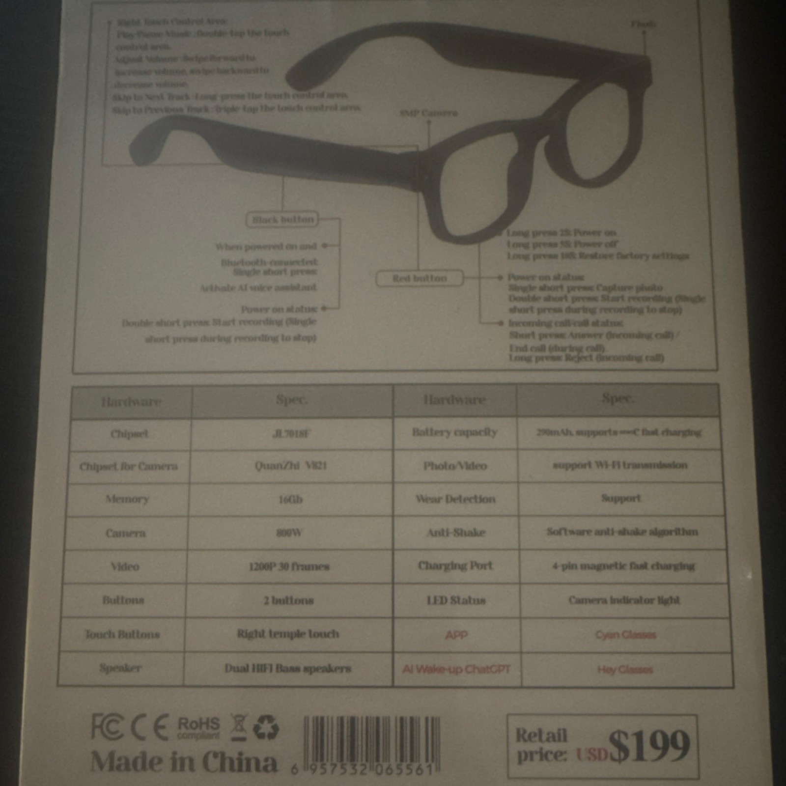 Hey Glasses Cyan Glasses Smart Glasses Wi-Fi Camera Dual HiFi Bass AI Touch