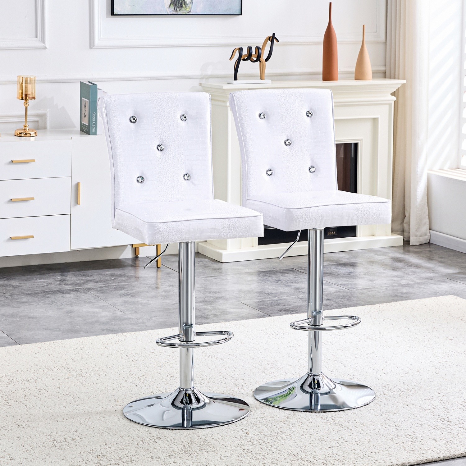 Adjustable Height Swivel Bar Stools Set of 2 Modern Leather w/ Silver Metal Base