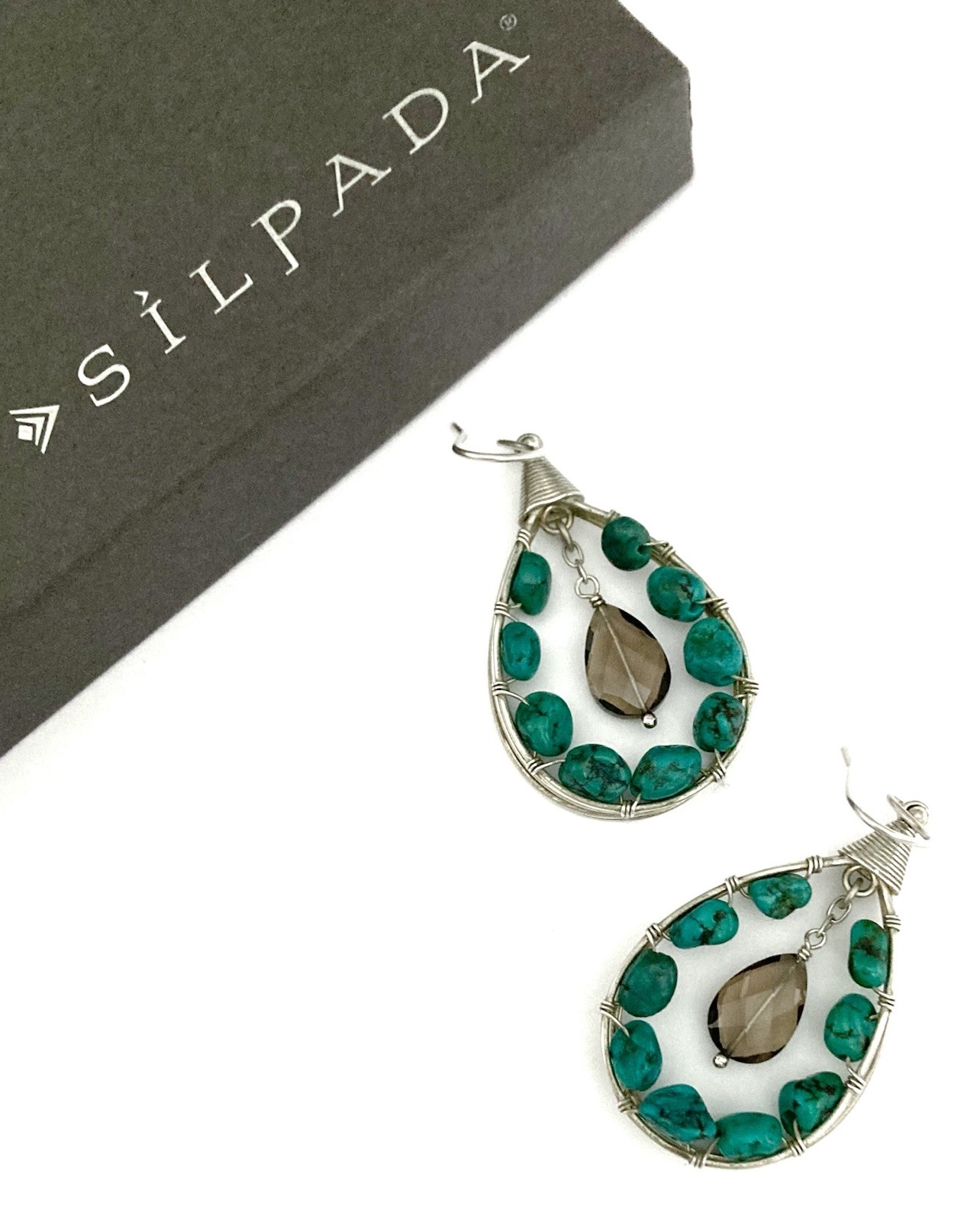 SILPADA Sterling Silver TURQUOISE & SMOKY QUARTZ Wrapped Wire Earrings~#W2215