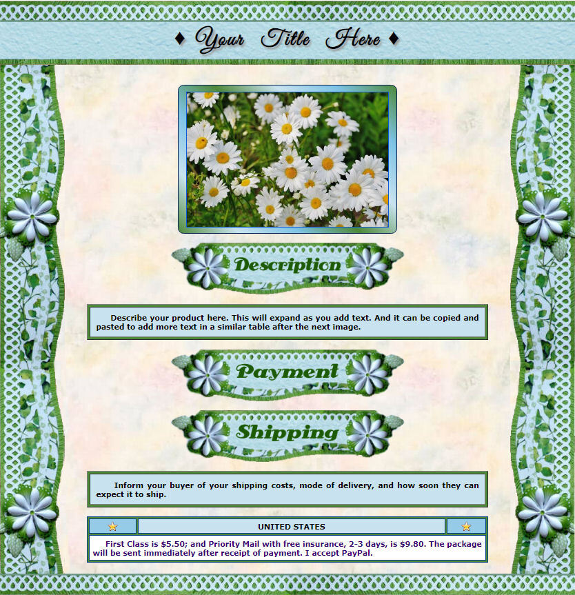 AUCTION TEMPLATE Daisy Green Aqua Border Design  - FREE Email Shipping