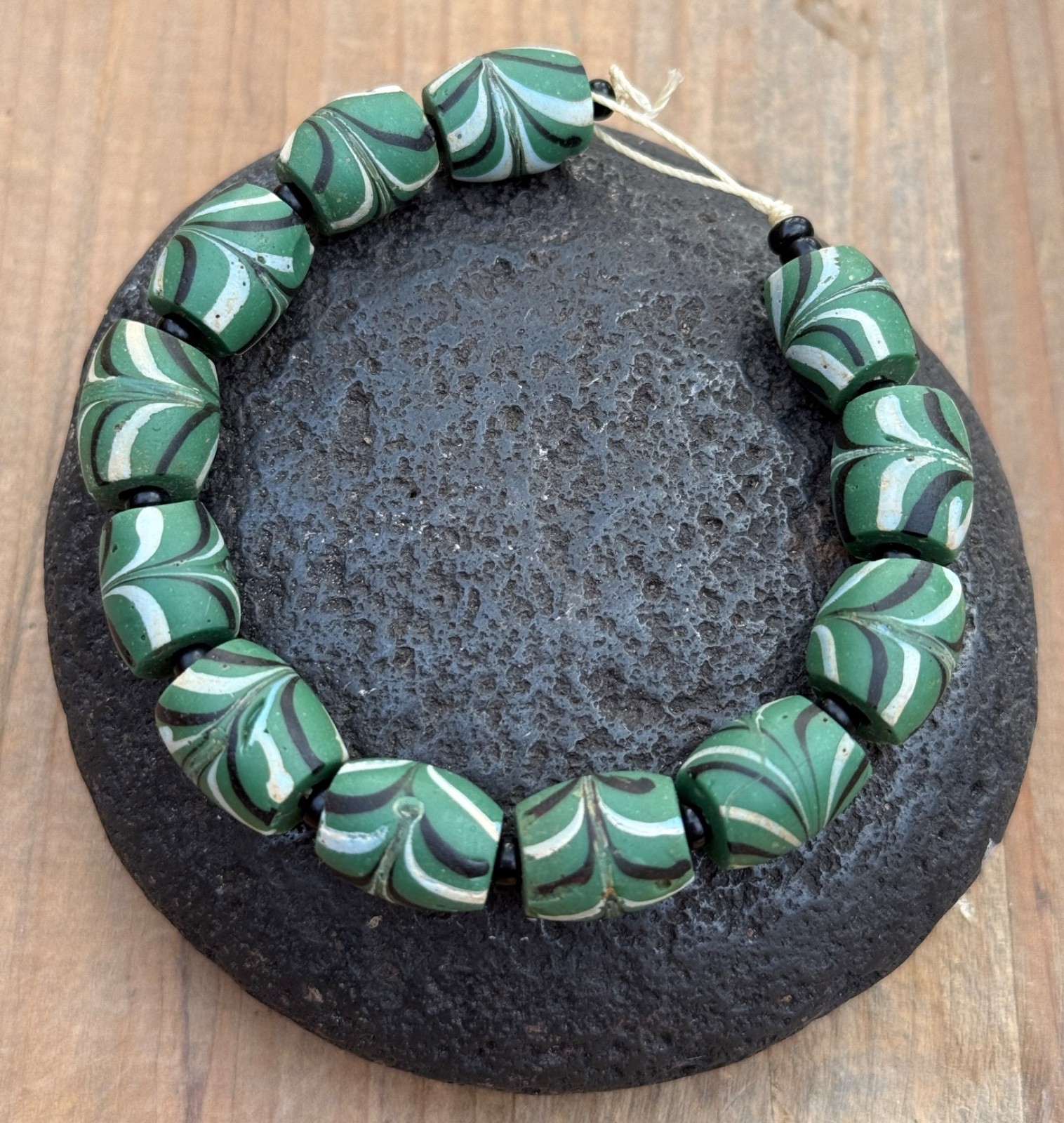 Green Venetian Feathered Glass West African Beads Trade Vintage Antique