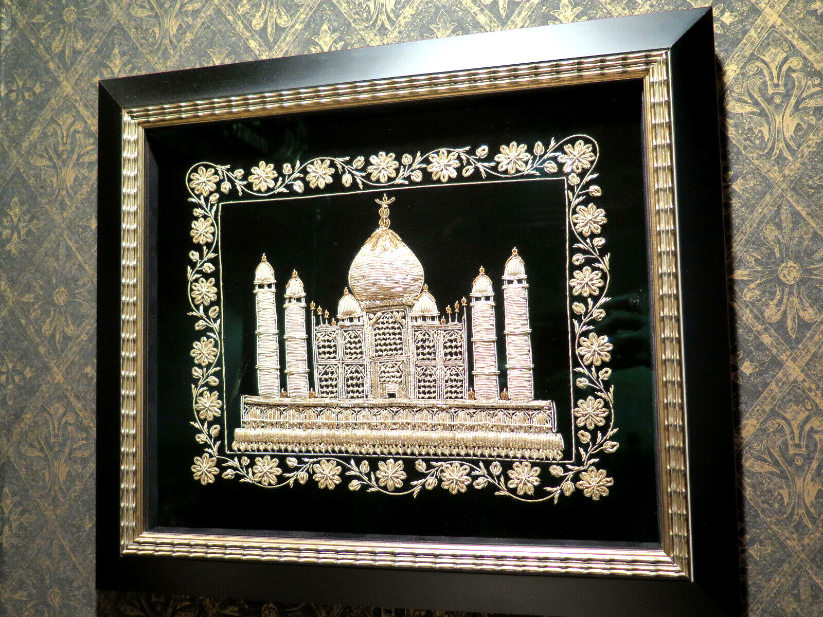 Architectural Textile Embroidery Metallic Gold Zardozi ART Taj Mahal Shadow Fram