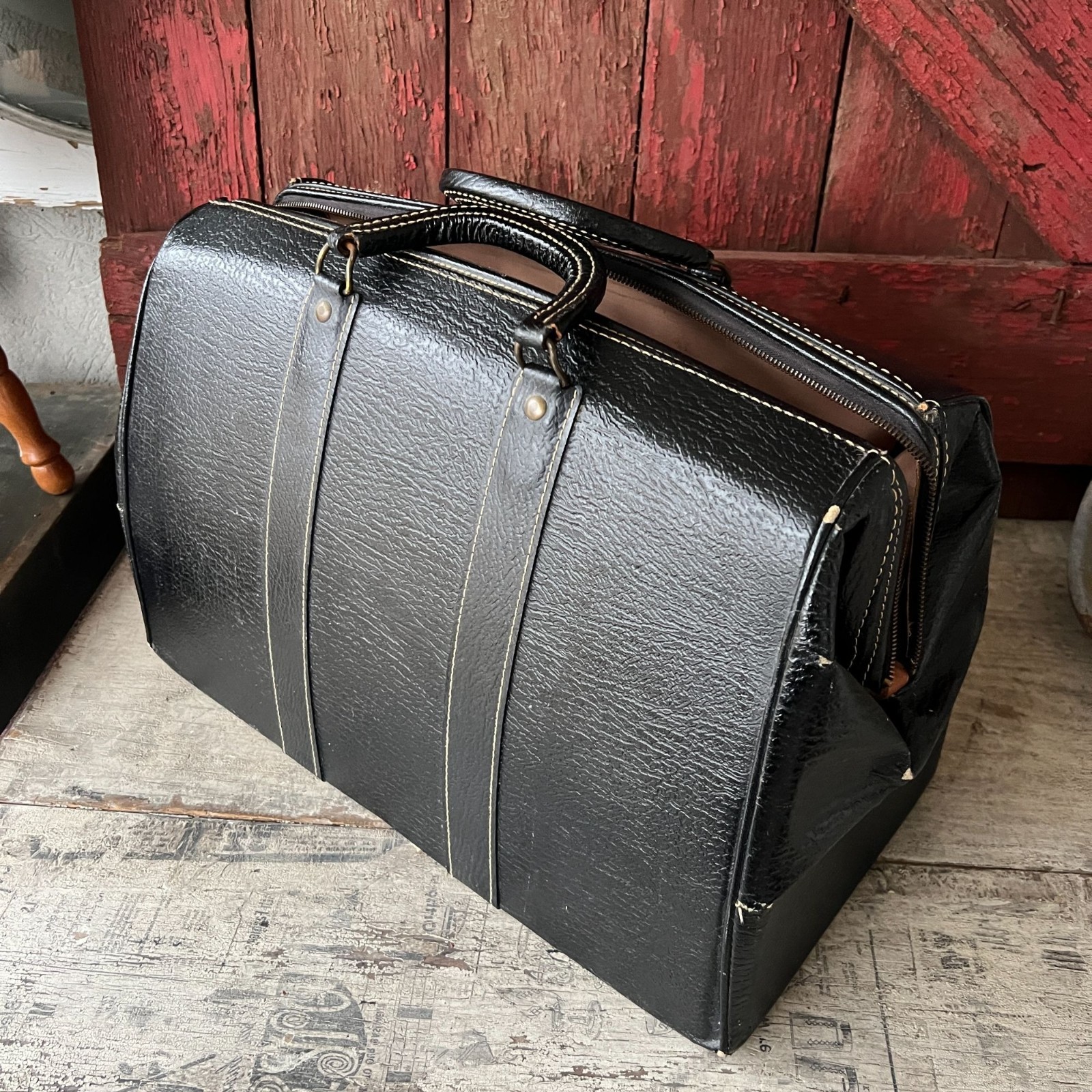 Vintage Black Leather Doctors Bag With Brass Hardware & Dual Handles 18"x12"