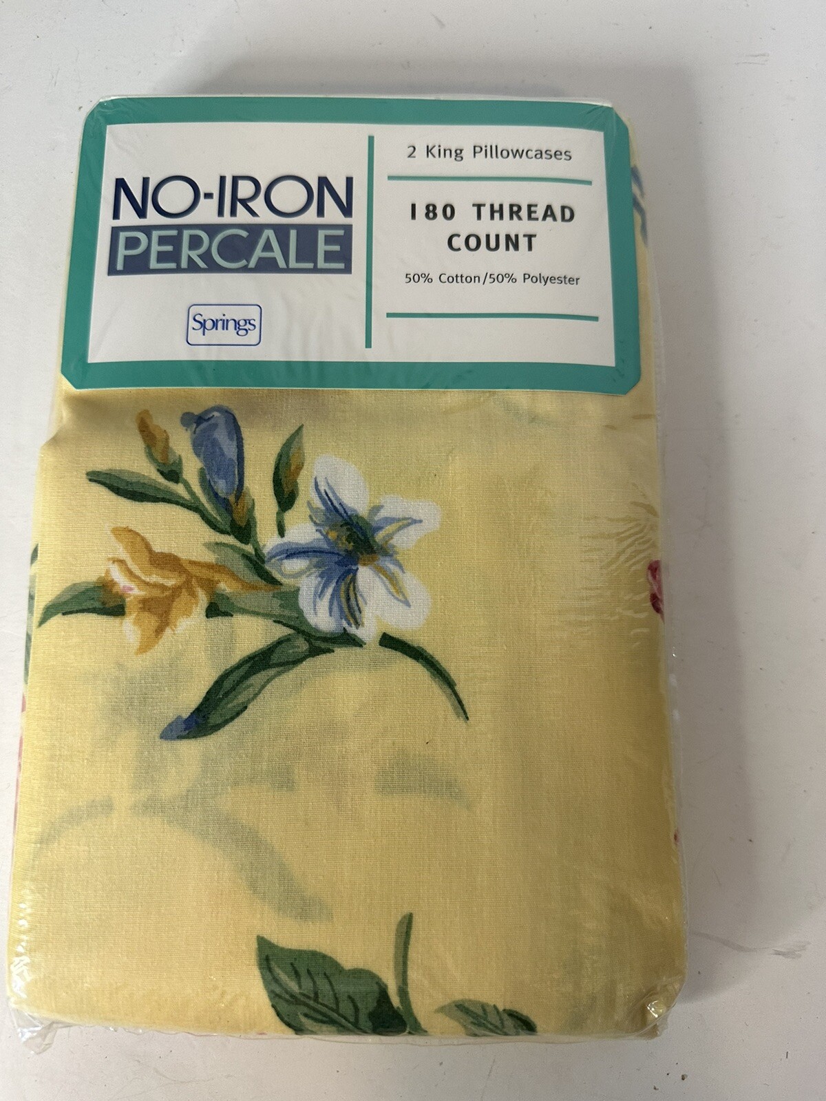 NOS VTG Springs No-Iron Percale 2 King Pillowcases Summer day yellow Set of 2