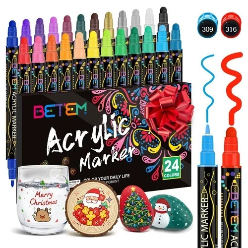 Betem 24 Colors Dual Tip Acrylic Paint Pens Markers, Premium Acrylic Paint Pens