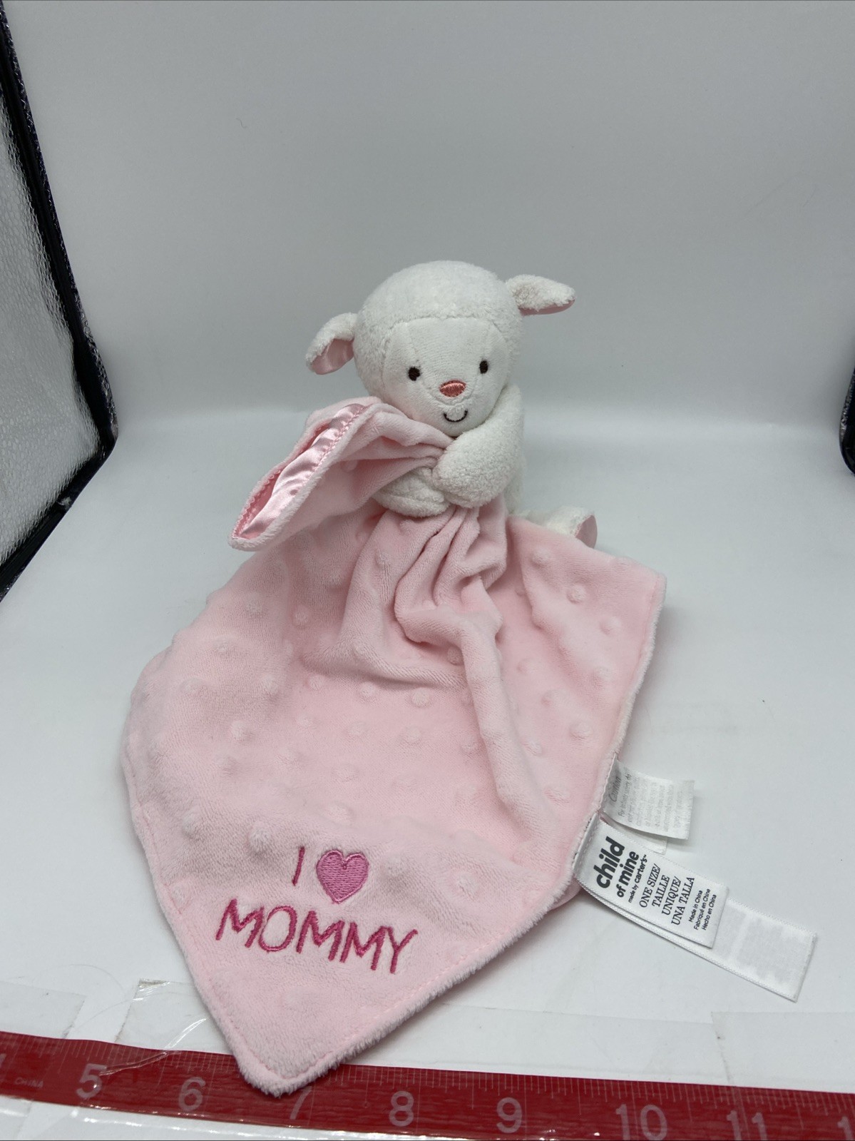 Carters Pink Lamb Lovey Embroidered I ❤️ Mommy Minky Dots Silky Backing Rattle