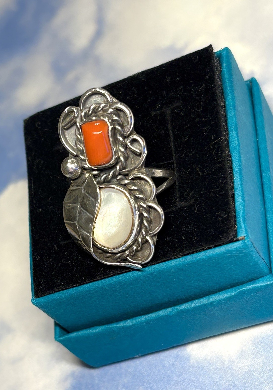 Long Navajo Sterling Silver carved Coral Feather 925 Ring 7.75 Signage see Pics