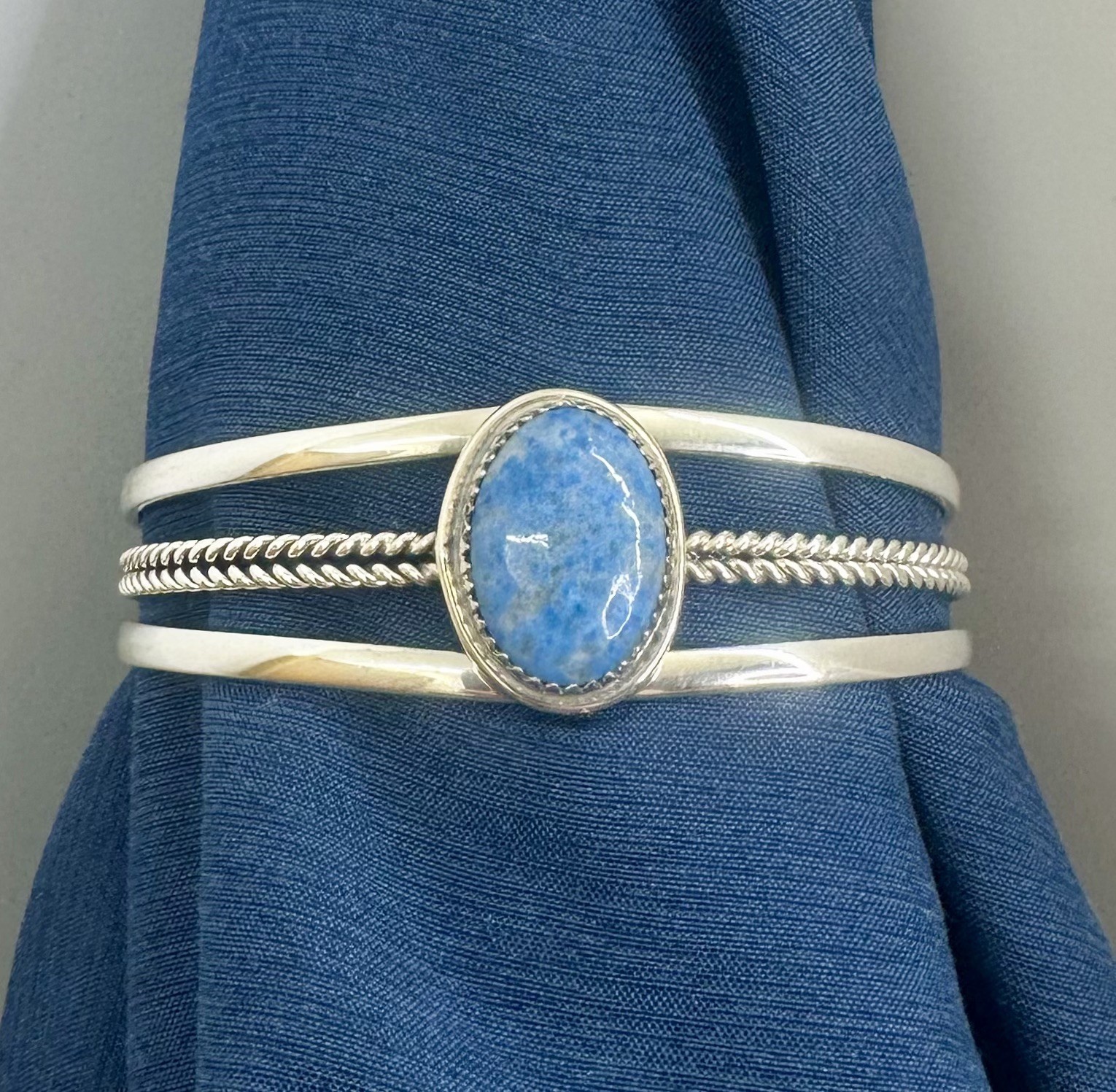 BEGAY Navajo Sterling Silver Blue Sodalite Bezel Cabochon Braided Cuff Bracelet
