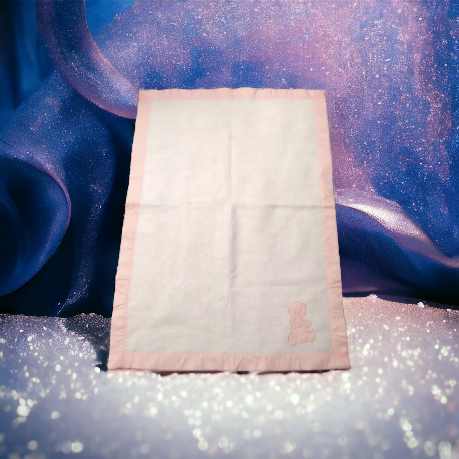 Vintage Satin Trim Baby Blanket Chatham Pink Crib Bear Applique 70s Acrylic