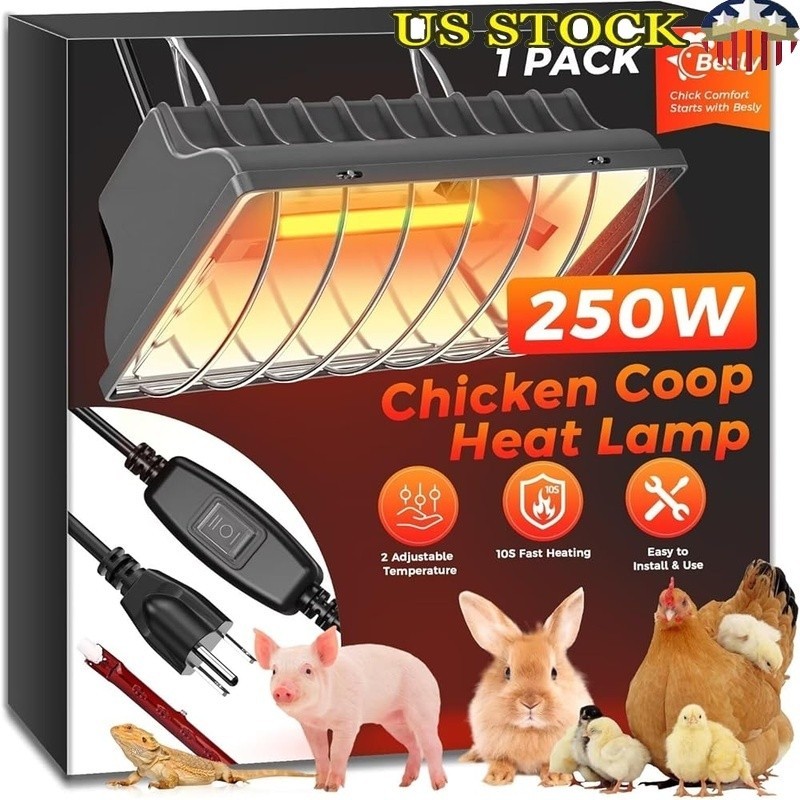 250W Infrared Heat Lamp Chicken Heater Coop Outdoor Safety Easy Install New