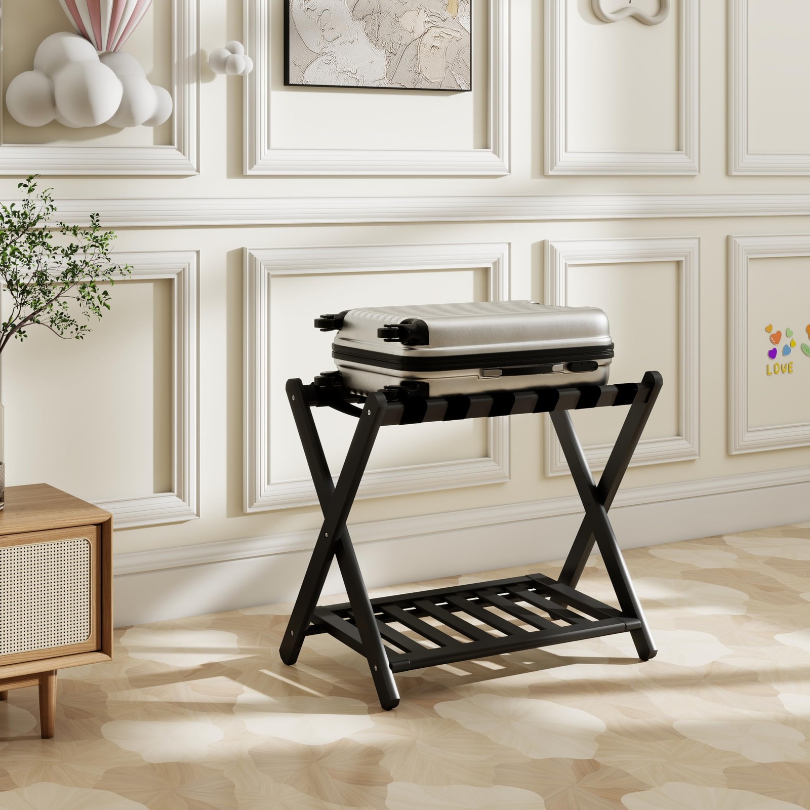 Luggage Rack, Foldable Suitcase Stand with Storage Shelf and 5 Heavy-Duty Str...