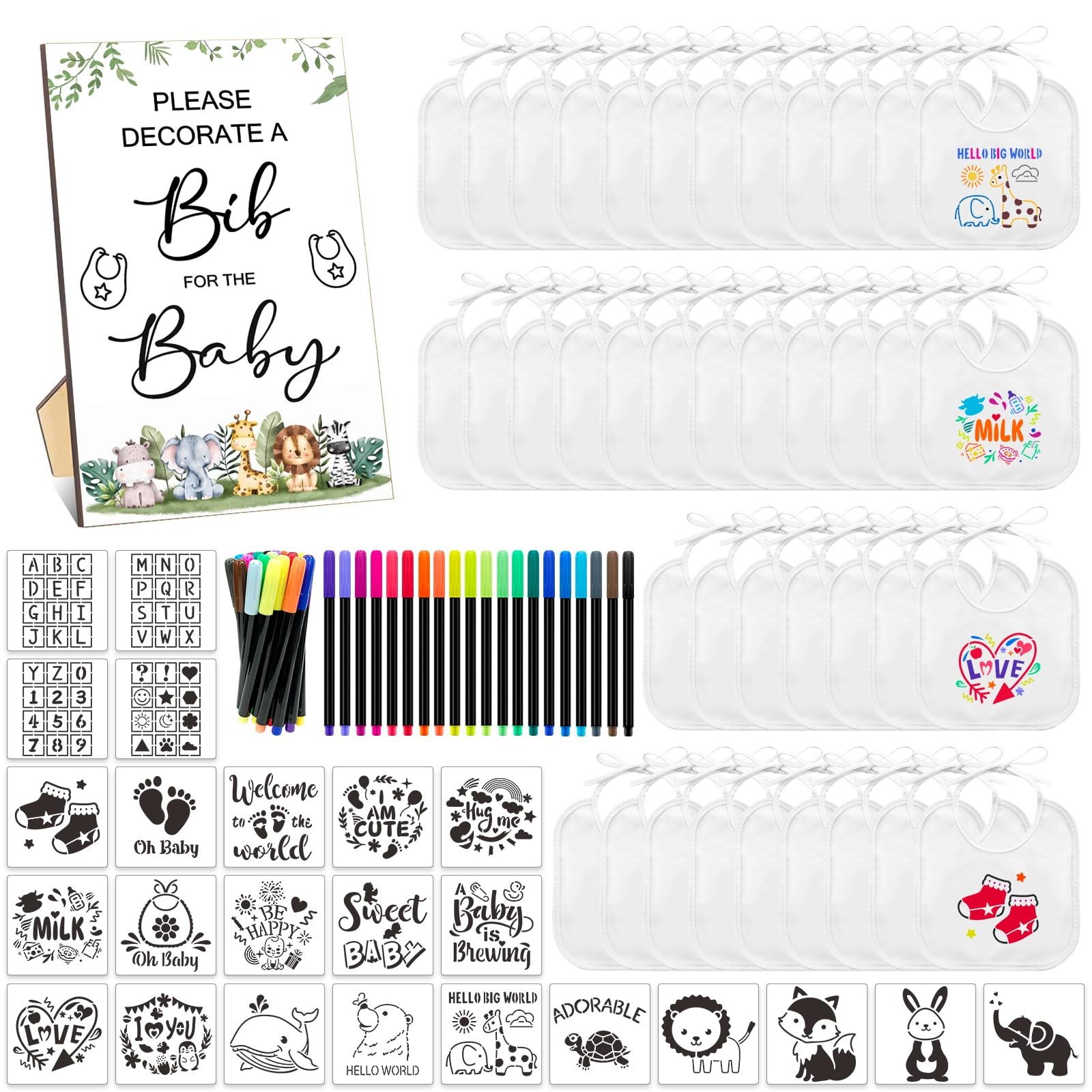 95 Pcs SytuHe DIY Baby Bib Decorating Kit: 50 Bibs, 24 Stencils, 20 Fabric Marke