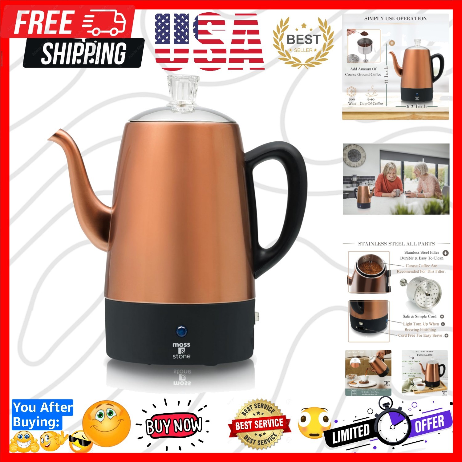 10 Cup Copper Percolator Coffee Pot Electric, Stainless Steel Coffee Percolat...