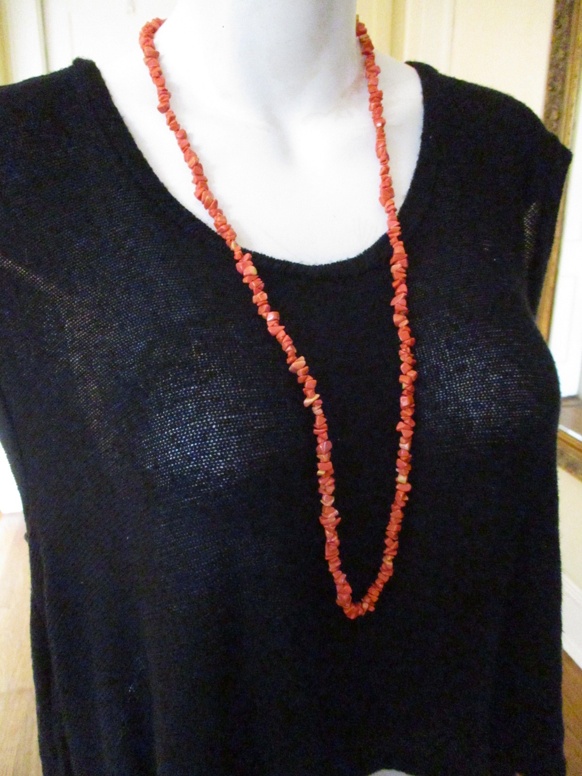Vintage Polished Coral Chip Necklace Stunning with Some Two Tone Color Beads 34"