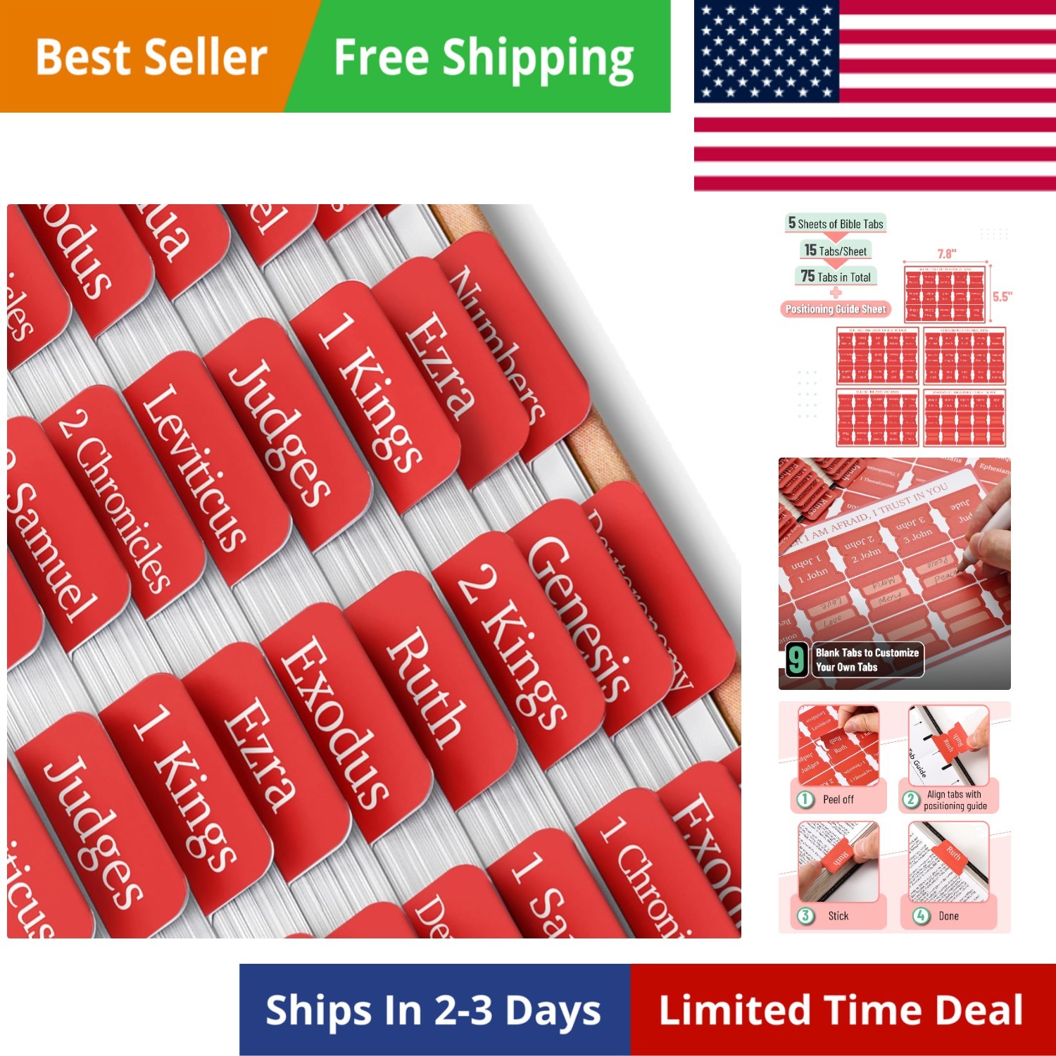 Bible Tabs, 75 Tabs, Saturated Red, Laminated Bible Tabs for Women and Men, B...