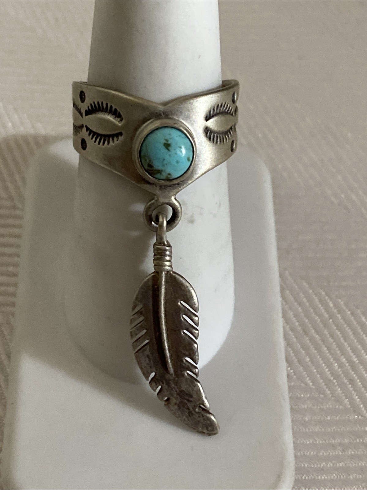 Carolyn Pollack Carlisle Signed Matt Sterling Turquoise Feather Ring Size 8