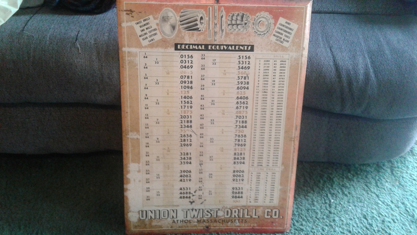 old 22" x 16" metal sign; "UNION Twist Drill Co". Decimal Equivalency chart