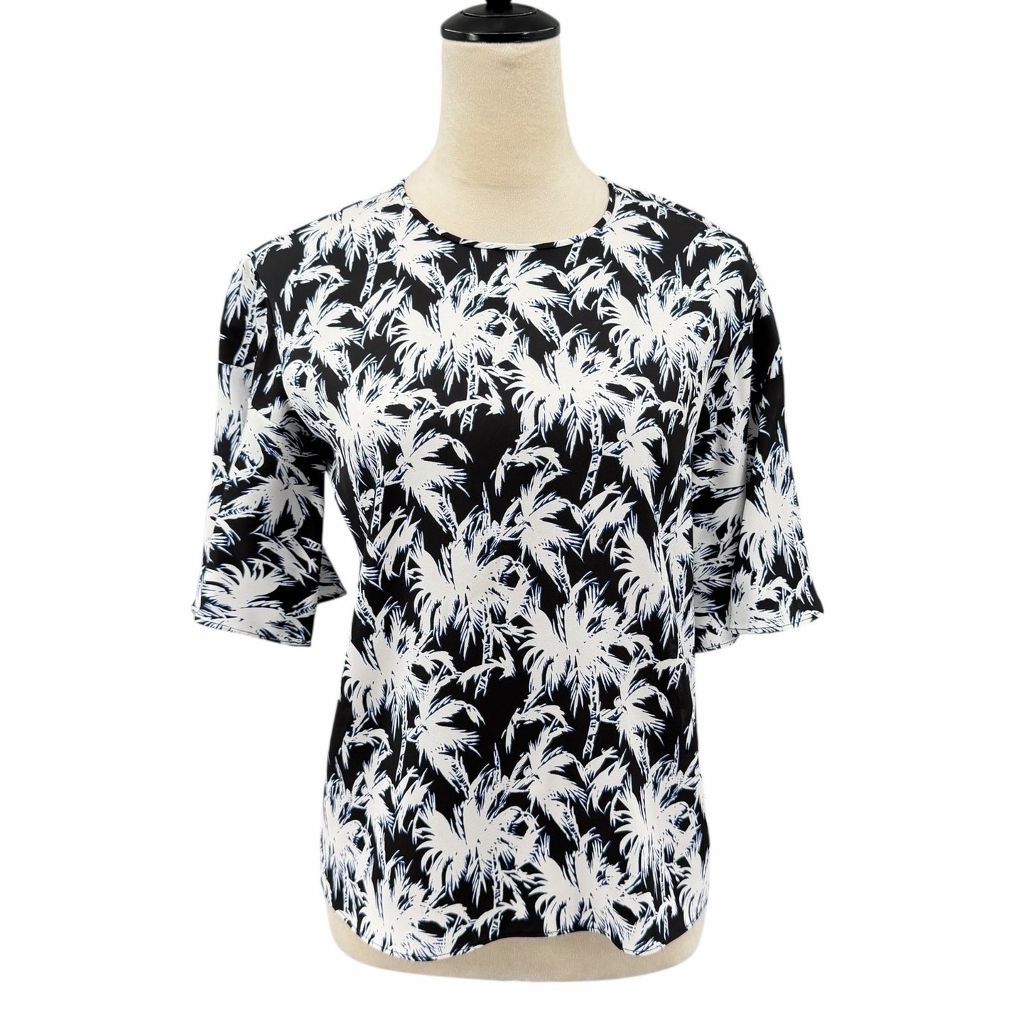Diane von Furstenberg XS Arlene Black & White Palm Tree Short Bell Sleeve Blouse