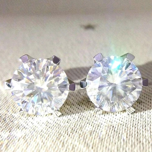 6 Ct Treated Certified Off White Diamond Solitaire Stud Earrings In 925 Silver