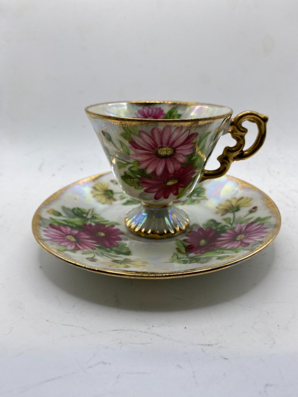 Vintage Ucagco Japan September Aster Luster Teacup & Saucer Gold Trim